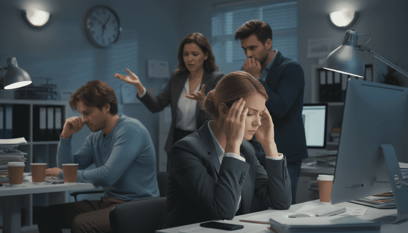 A serene office environment featuring diverse individuals displaying clear signs of stress. In the foreground, a woman in professional business attire rubs her temples, her expression reflecting fatigue. Beside her, a stressed-looking man in a casual shirt is staring blankly at his computer screen. In the middle ground, a small group of people engage in deep conversation, their body language tense and anxious. The background shows a cluttered desk with paperwork and a clock indicating late hours, creating a sense of urgency. The lighting is soft yet dim, casting gentle shadows that evoke a contemplative mood. The overall atmosphere is one of pressure and urgency, illustrating the impacts of stress on both body and mind.