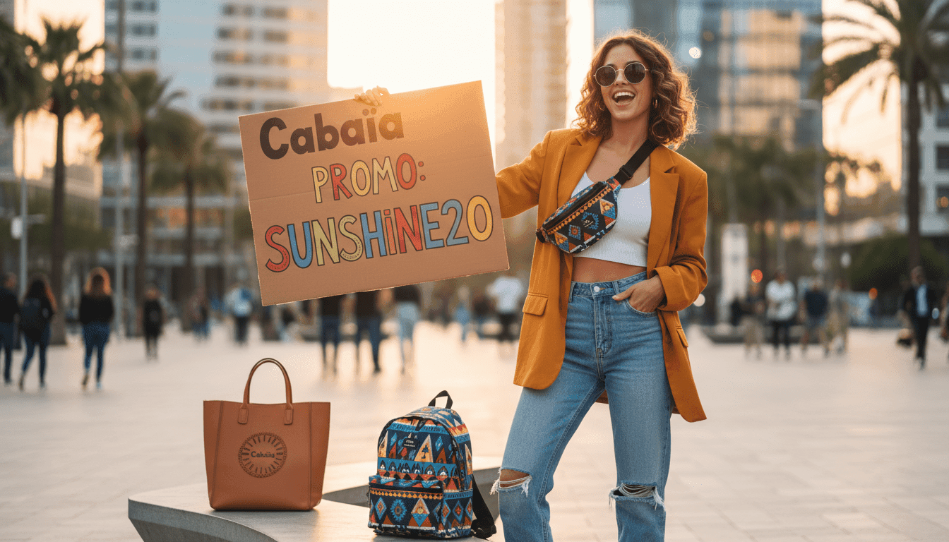 A stylish influencer showcasing a vibrant "Cabaïa" promo code, positioned in a chic urban setting. In the foreground, the influencer, a young woman with a confident expression, wears a trendy outfit suitable for a casual outing—think light denim jeans and a fashionable top. The middle ground features a stylish handbag with a prominent Cabaïa logo, emphasizing the brand's identity. In the background, a bustling city scene with modern architecture and soft, golden hour lighting, creating a warm and inviting atmosphere. The scene captures a blend of modern lifestyle and fashion, suggesting excitement about current promotional offers while focusing on the allure of the Cabaïa brand. Use a slightly blurred depth of field to accentuate the influencer and the handbag, creating a polished and professional look.