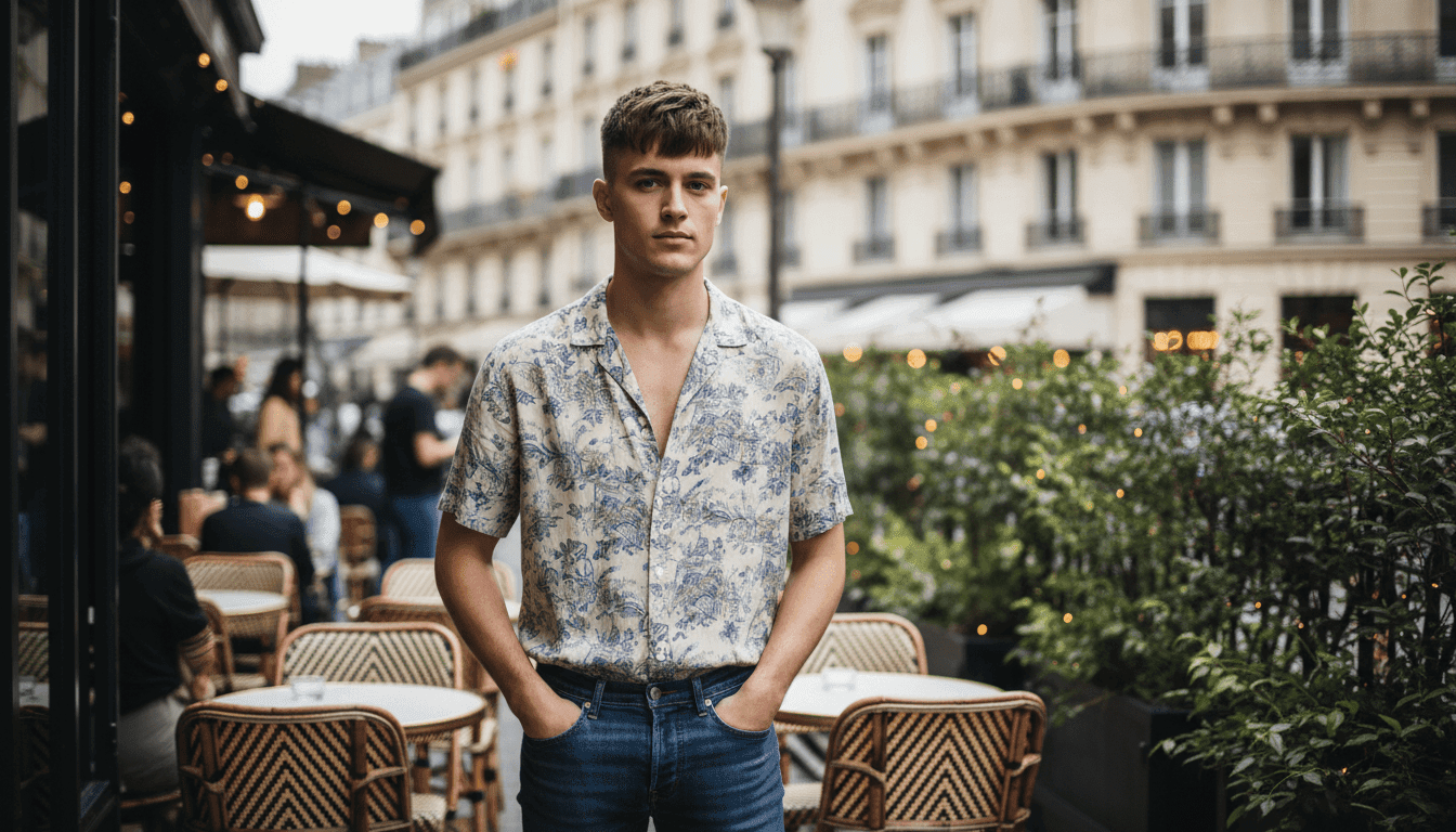 A stylish young man showcasing a trendy French crop hairstyle. He stands confidently in the foreground, with his hair neatly styled, featuring short sides and a textured top, subtly illuminated by soft, natural light that highlights his features. He wears a fashionable casual shirt and tailored jeans, creating an effortlessly cool look. In the middle ground, a blurred urban café scene complements the fashion-forward vibe, with hints of greenery and city life. The background includes soft-focus architecture, providing an ambiance of a chic Parisian street. The overall mood is sophisticated yet relaxed, embodying the essence of contemporary French style.
