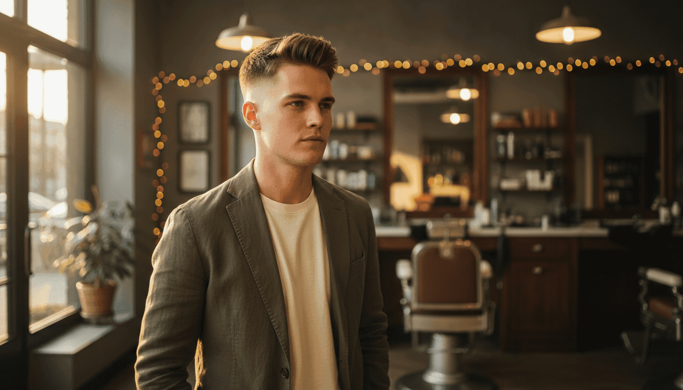A stylish young man with a French crop haircut stands confidently in the foreground, showcasing the trendy cut with textured, cropped sides and a longer top, slightly styled. His attire is smart casual, featuring a fitted jacket and a simple shirt, projecting a modern yet polished look. In the middle ground, a softly blurred barbershop setting with vintage decor enhances the theme of hairstyling. The background features warm, inviting lighting, creating a cozy atmosphere. The focus is on the details of the hair, with soft sunlight streaming in, highlighting the textures. The angle is slightly low, making the subject appear dynamic and engaging, evoking a sense of trendiness and confidence.